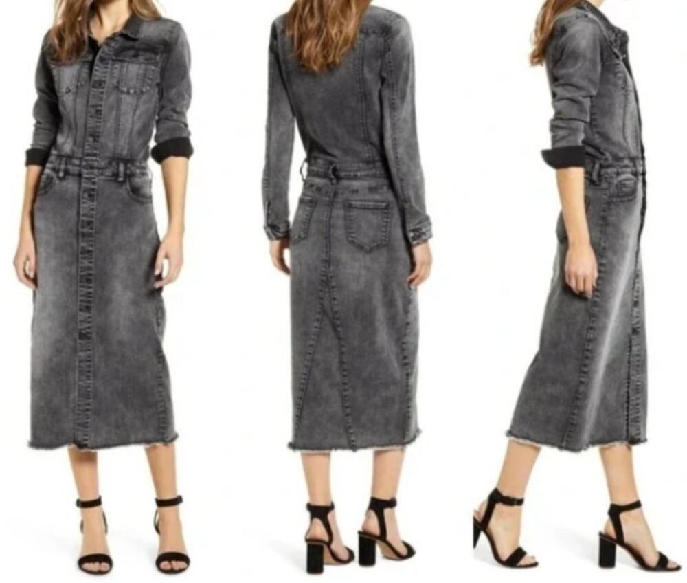 Wash Lab Denim Long Dress • Fray Hem • Dark Gray • Size M
